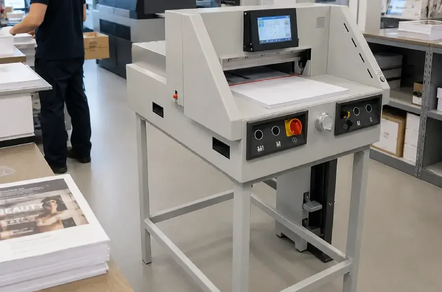 Guillotina de paper INTIMUS 4606 EP professional per a cort de grans volums de paper amb pantalla tàctil, sistema de seguretat i alta precisió, distribuïda per Neodal.