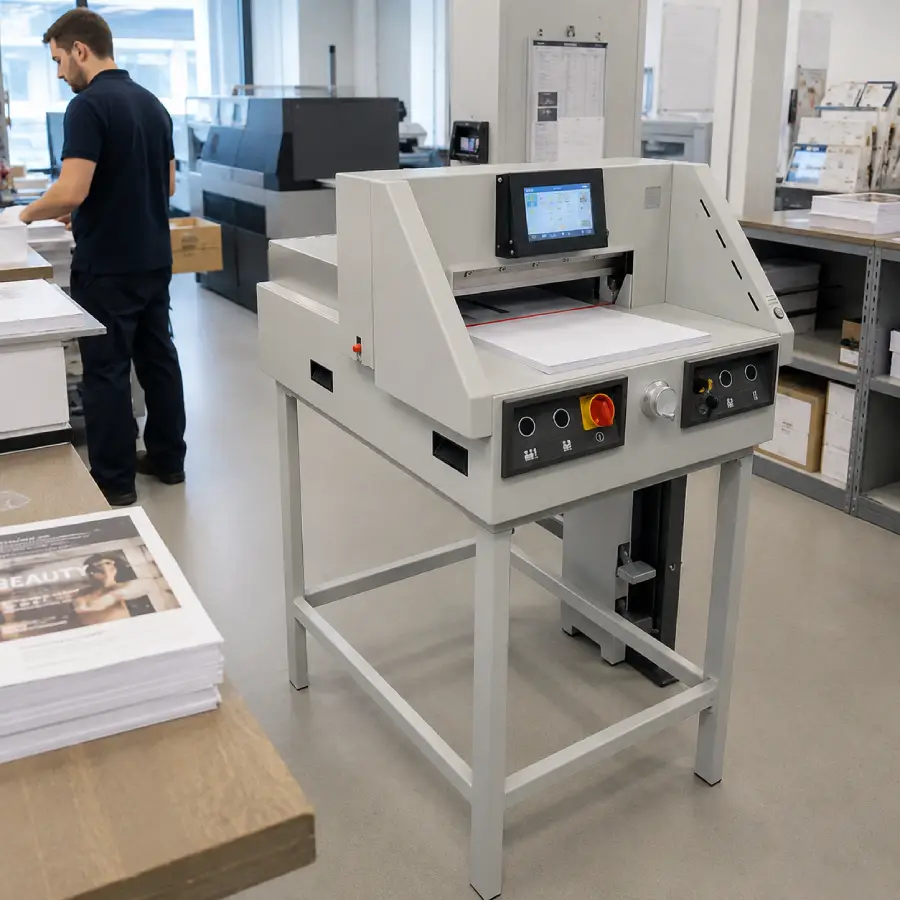 Guillotina de papel INTIMUS 4606 EP profesional para corte de grandes volúmenes de papel con pantalla táctil, sistema de seguridad y alta precisión, distribuida por Neodal.