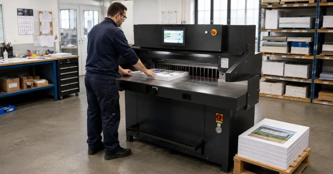 Guillotina industrial de papel siendo utilizada por un operario en un taller de impresión profesional, con una pila de documentos sobre la mesa de corte.