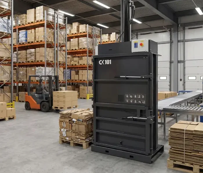 Prensa vertical instalada en almacén logístico para gestión de residuos