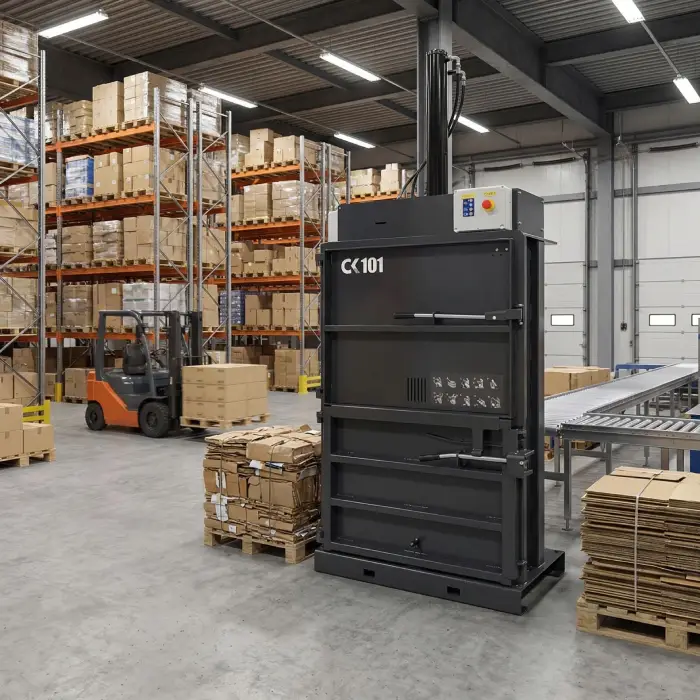 Prensa vertical instalada en almacén logístico para gestión de residuos