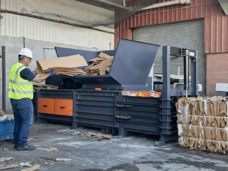 Trabajador gestionando residuos de cartón con maquinaria de reciclaje en empresa