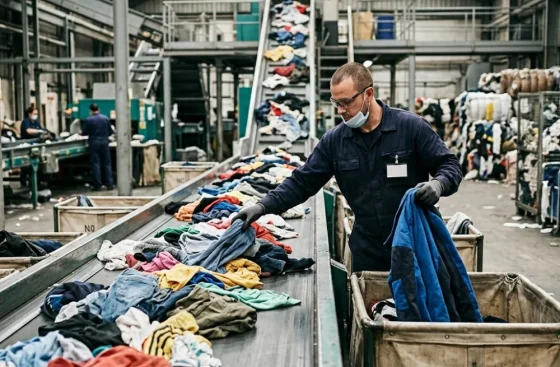 Operario clasificando ropa en una planta de reciclaje textil industrial