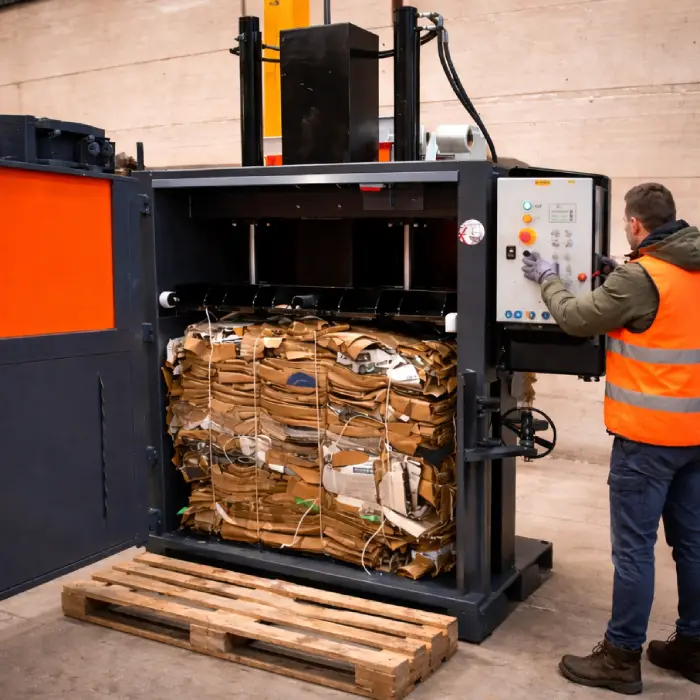 Trabajador gestionando residuos de cartón con maquinaria de reciclaje en empresa