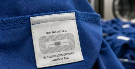 Tag RFID cosido en prenda de lavandería industrial para control de ciclos de lavado y localización