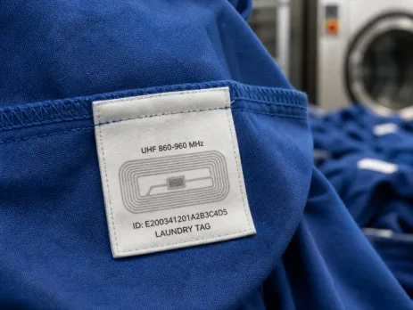 Tag RFID cosido en prenda de lavandería industrial para control de ciclos de lavado y localización
