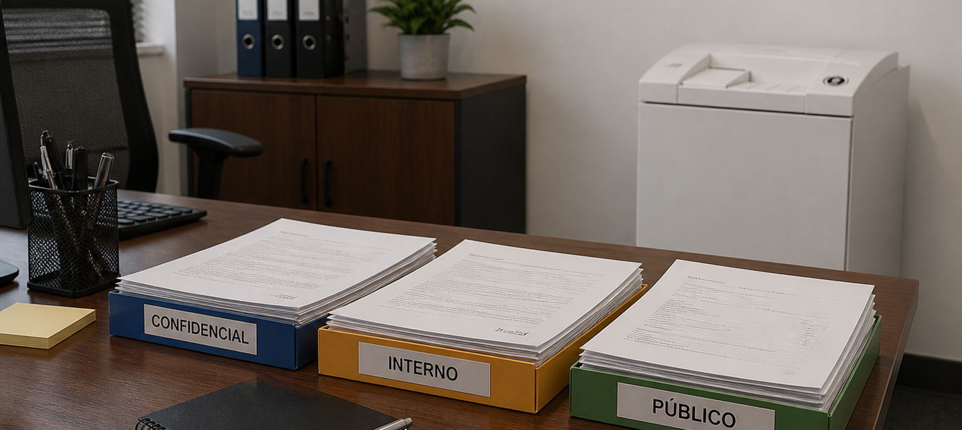 Escritorio de oficina con papel clasificado para reciclaje y destructora de documentos profesional al fondo