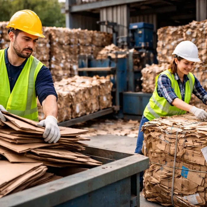 Operarios gestionando los residuos de cartón de una empresa