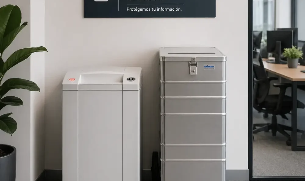 Destructora de papel Intimus y contenedor de documentos confidenciales