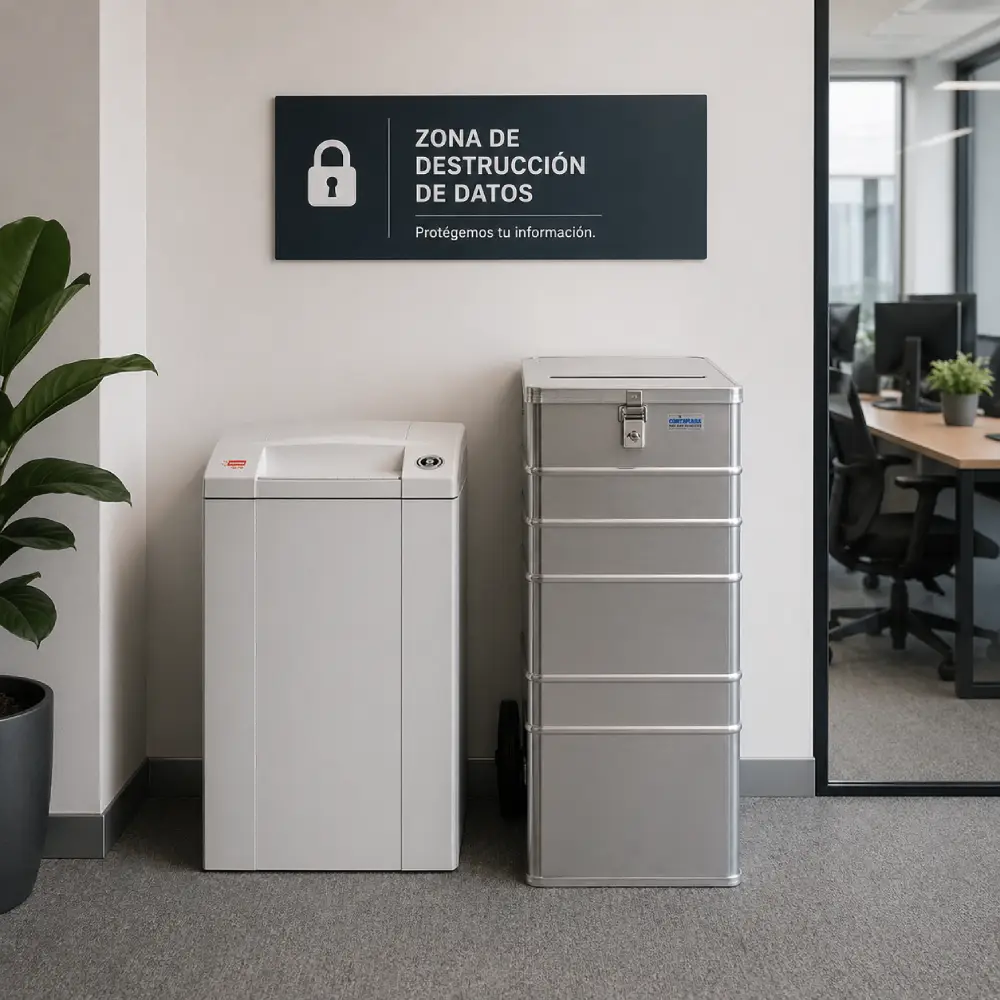 Destructora de papel Intimus y contenedor de documentos confidenciales
