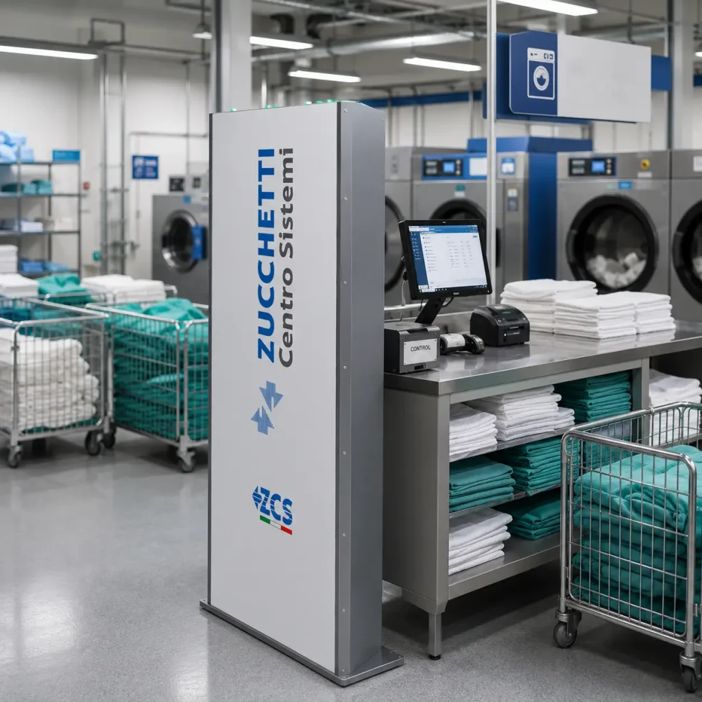 Lector RFID de control d'accés en porta de bugaderia d'hospital