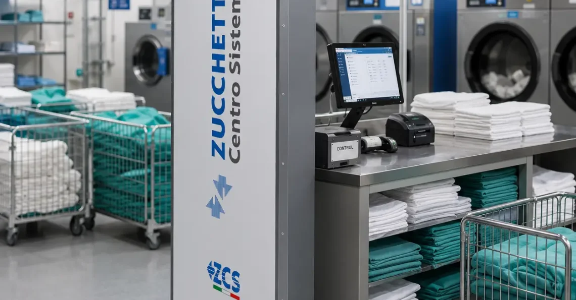 Lector RFID de control de acceso en puerta de lavandería de hospital