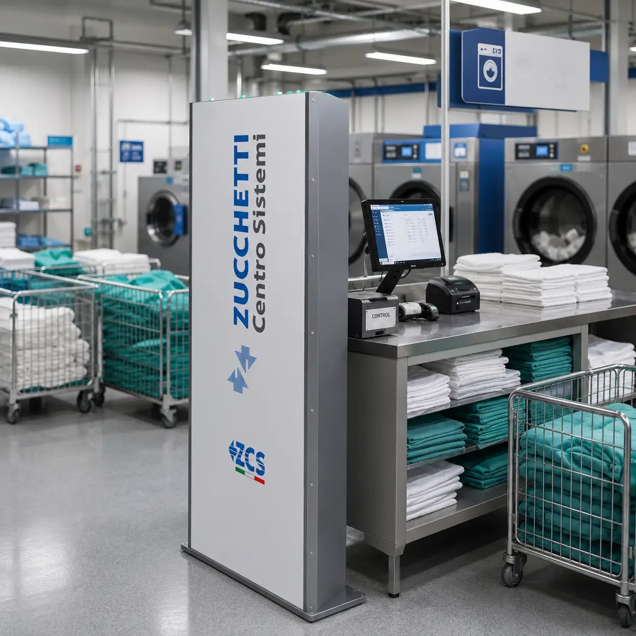 Lector RFID de control de acceso en puerta de lavandería de hospital