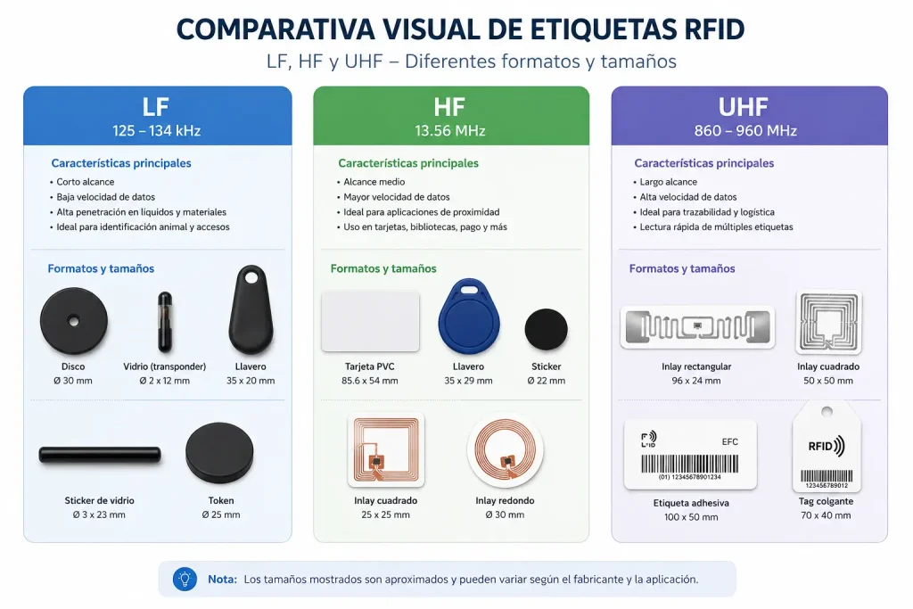 Comparativa visual de etiquetas RFID LF, HF y UHF mostrando diferentes formatos y tamaños