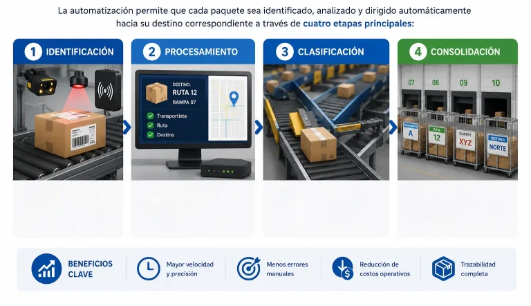 Proceso de clasificación automática de paquetería con escaneo, procesamiento, clasificación y consolidación de paquetes.