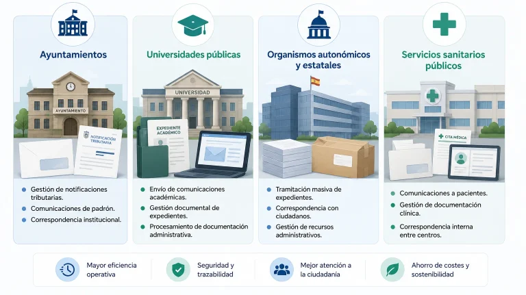 Casos de uso de la automatización documental en organismos públicos como ayuntamientos, universidades, administraciones públicas y servicios sanitarios.