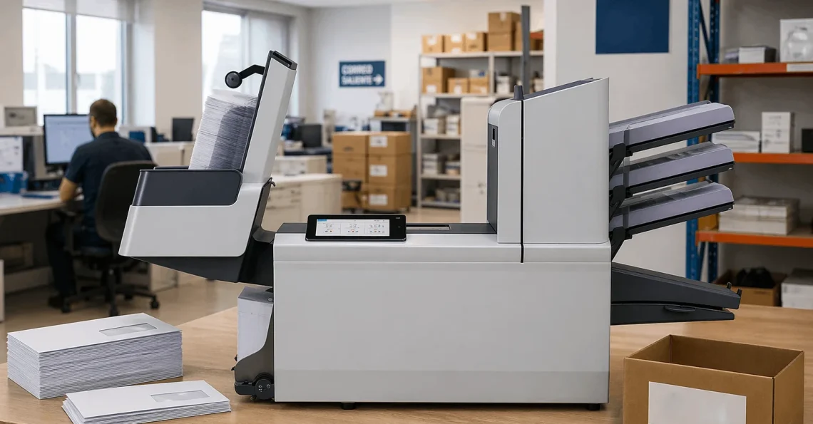 Ensobradora automática procesando documentos para envíos masivos en una administración pública