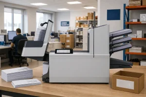 Ensobradora automática procesando documentos para envíos masivos en una administración pública