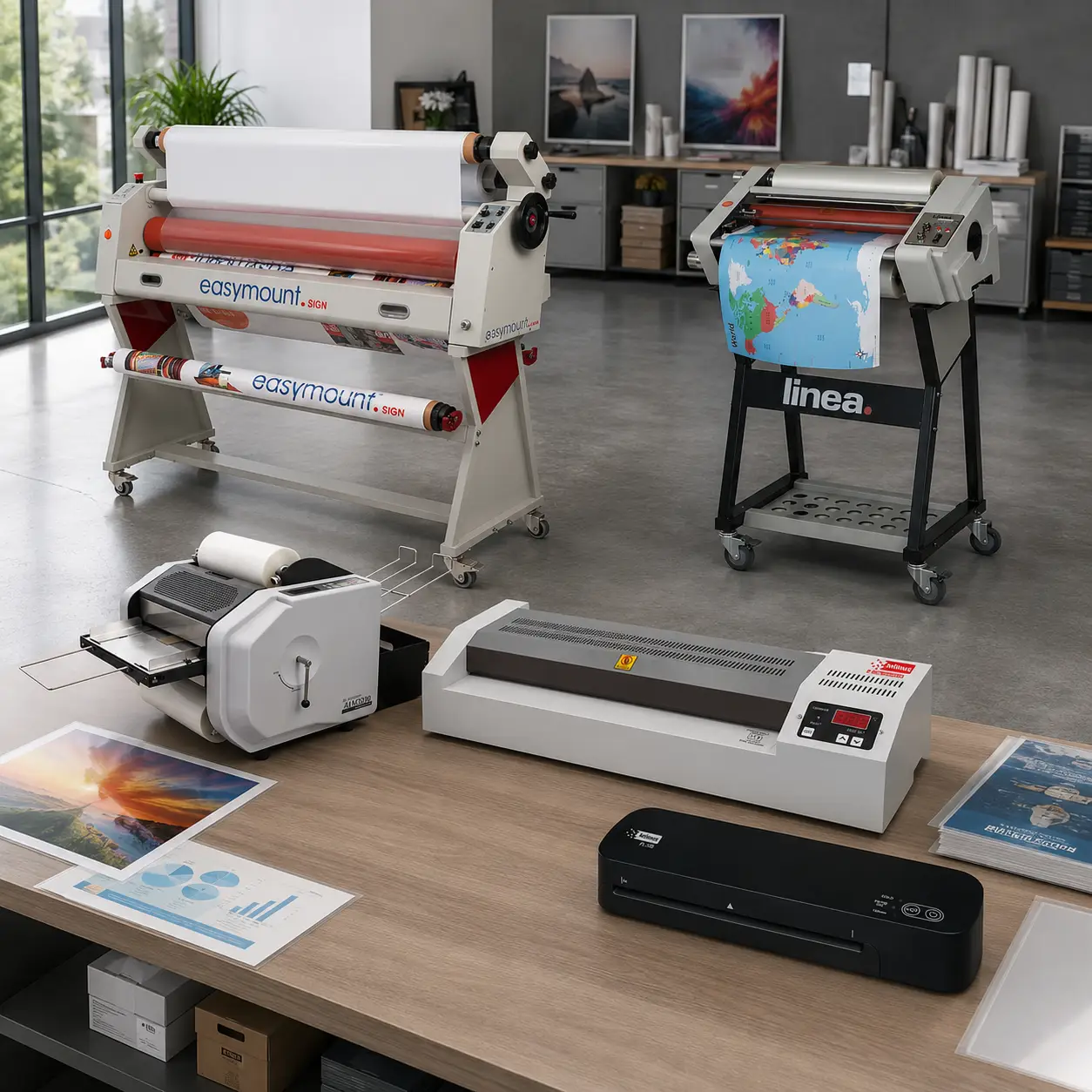 Cinco plastificadoras y laminadoras profesionales de Neodal en un entorno de trabajo de artes gráficas, incluyendo modelos industriales de bobinas y plastificadoras compactas de sobremesa.