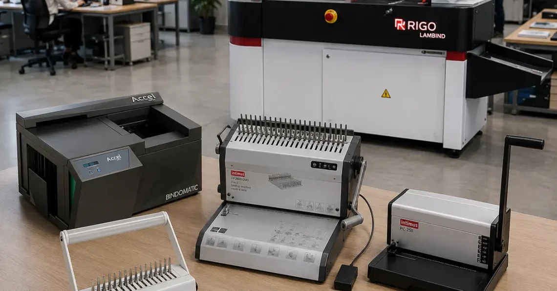 Catàleg de solucions d'enquadernació professional amb enquadernadores manuals, tèrmiques, d'espiral i una enquadernadora industrial PUR en un entorn d'oficina modern