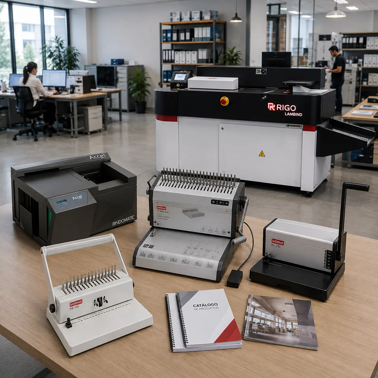 Catálogo de soluciones de encuadernación profesional con encuadernadoras manuales, térmicas, de espiral y una encuadernadora industrial PUR en un entorno de oficina moderno