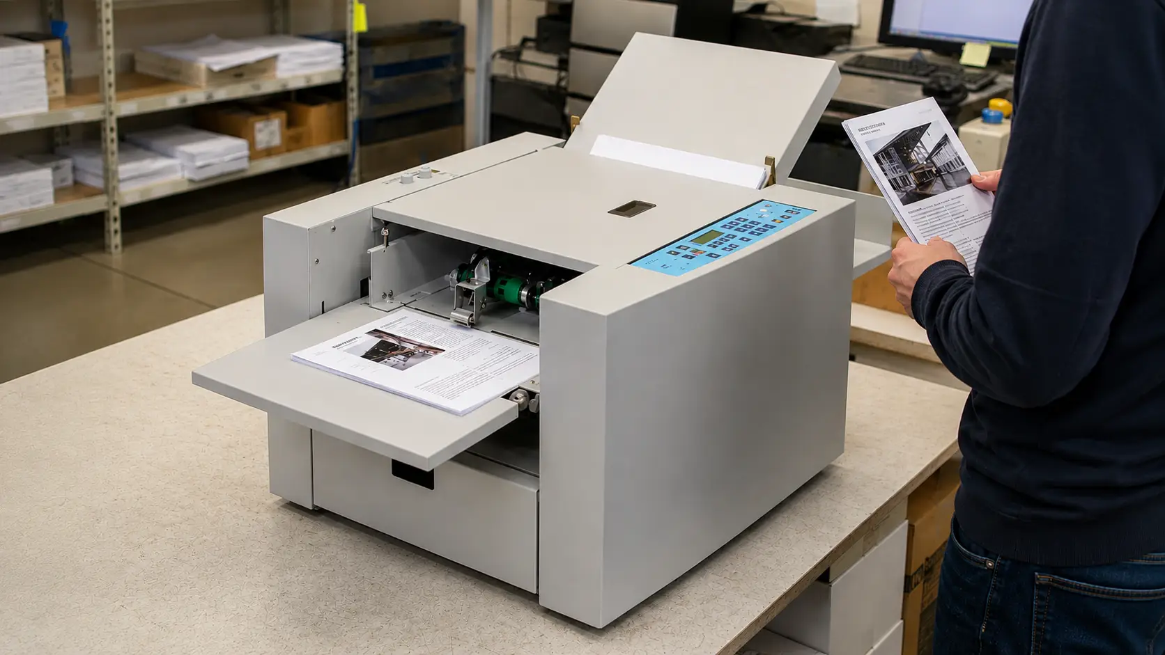 Encuadernadora automática profesional para imprentas y centros de copiado, procesando documentos en un taller de producción gráfica con sistema de alimentación automática.