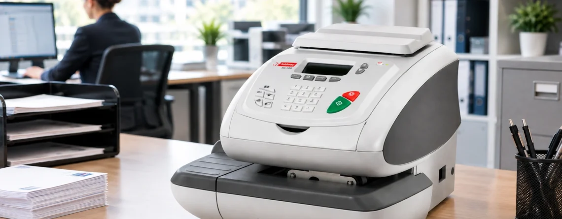 Franqueadora intimus MS-200 en un escritorio de oficina, rodeada de sobres y documentos, preparada para gestionar el envío y franqueo de correspondencia de forma eficiente.